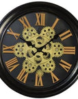 13" Black Orange And Gold Iron Silent Skeleton Distressed Exposed Gear Round Wall Clock
