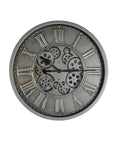 18" Silver And Black Iron Silent Skeleton Exposed Gear Round Wall Clock