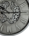 18" Silver And Black Iron Silent Skeleton Exposed Gear Round Wall Clock