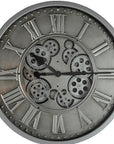 18" Silver And Black Iron Silent Skeleton Exposed Gear Round Wall Clock