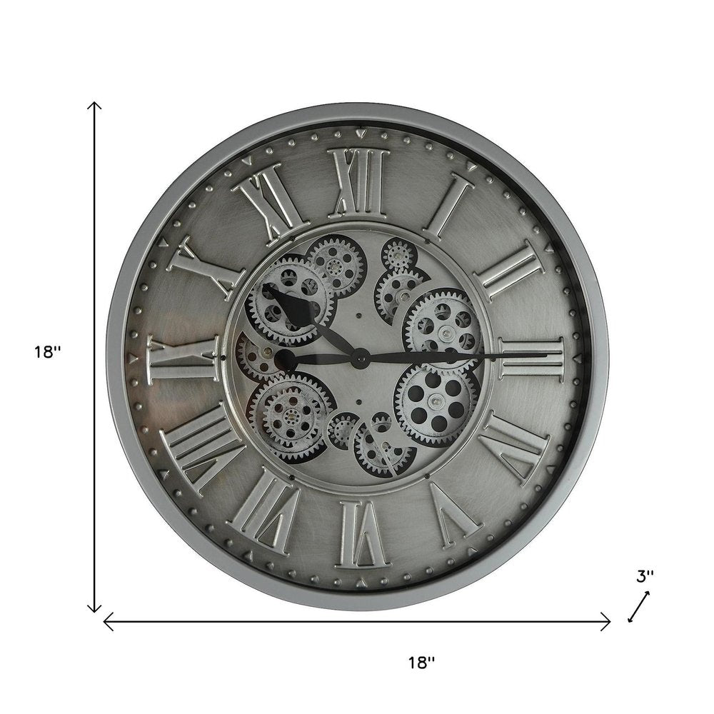 18" Silver And Black Iron Silent Skeleton Exposed Gear Round Wall Clock