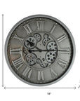 18" Silver And Black Iron Silent Skeleton Exposed Gear Round Wall Clock