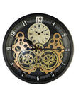 18" Black Gold And White Iron Silent Skeleton Exposed Gear Round Wall Clock