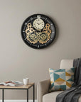 18" Black Gold And White Iron Silent Skeleton Exposed Gear Round Wall Clock