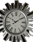19" Silver And Clear Mirrored Glass And Heavy Duty Plastic Silent Analog Sunburst Wall Clock