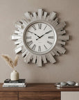 19" Silver And Clear Mirrored Glass And Heavy Duty Plastic Silent Analog Sunburst Wall Clock