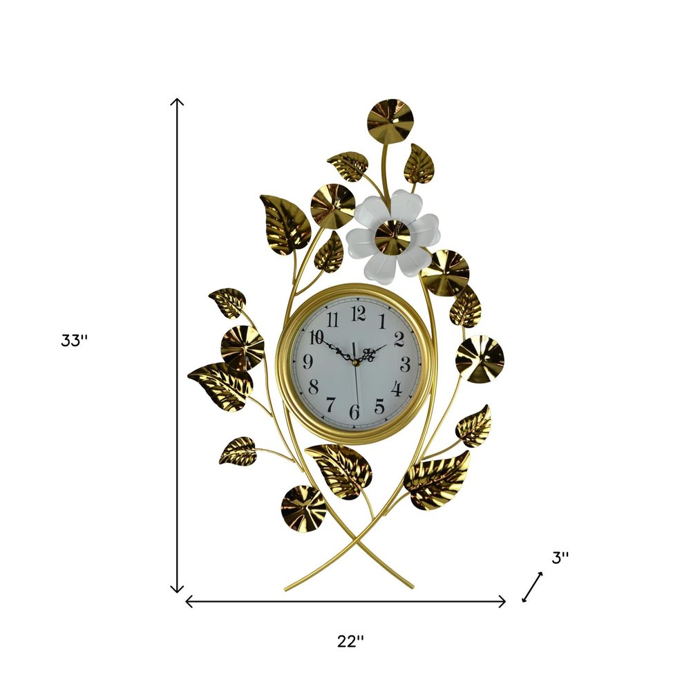 22" Gold And White Iron Silent Analog Floral Novelty Wall Clock