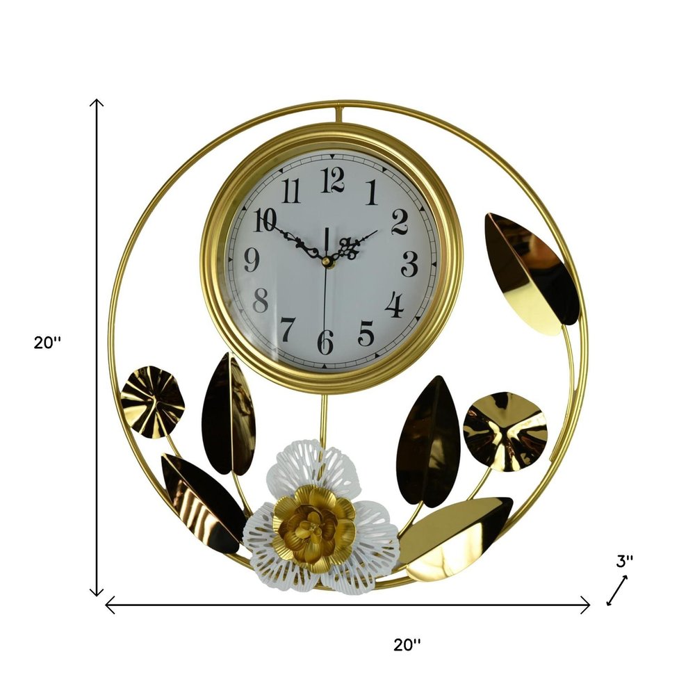 20" Gold And White Iron Silent Analog Floral Round Wall Clock
