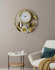 20" Gold And White Iron Silent Analog Floral Round Wall Clock