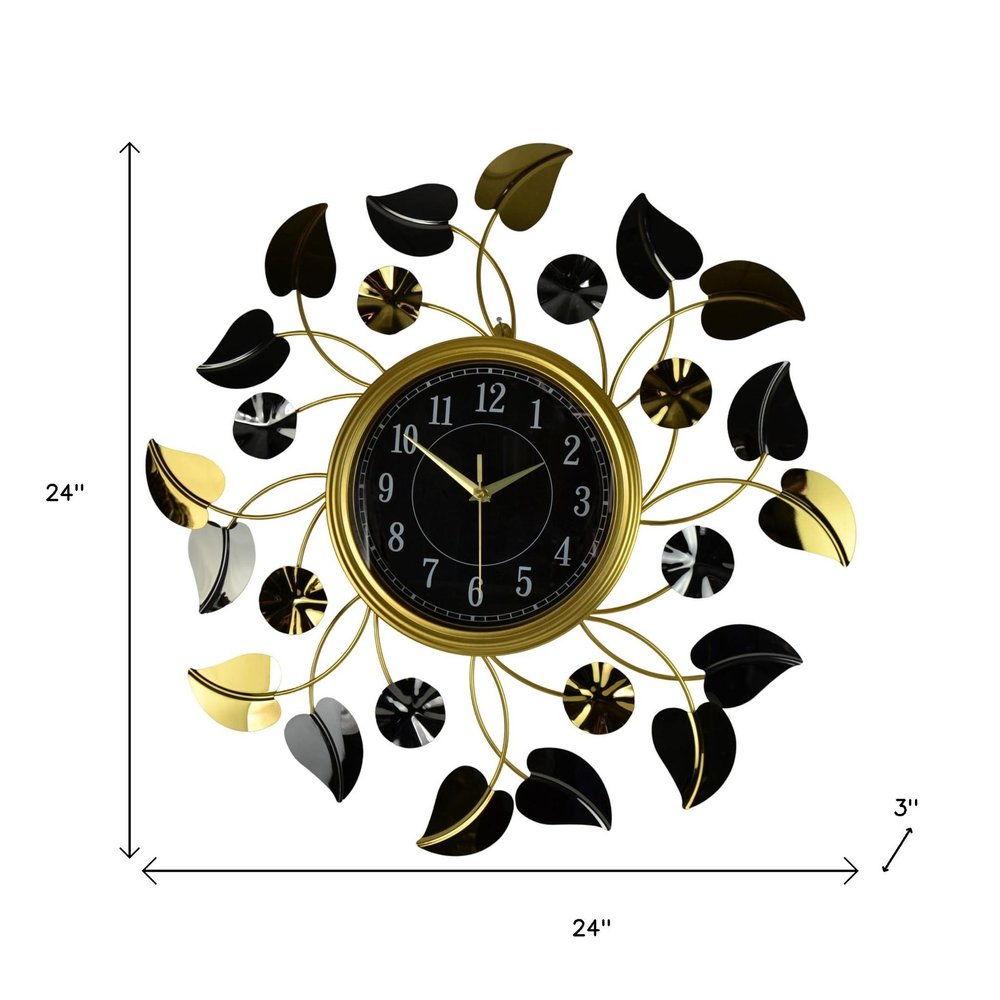 24" Gold Black And Silver Iron Silent Analog Floral Round Wall Clock