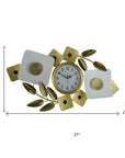 37" Gold And White Iron Silent Analog Floral Oval Wall Clock