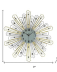 27" Gold Silver And Metal And Faux Crystals Silent Analog Sunburst Wall Clock