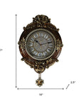 16" Brown And Silver Resin Silent Pendulum Ornate Oval Wall Clock