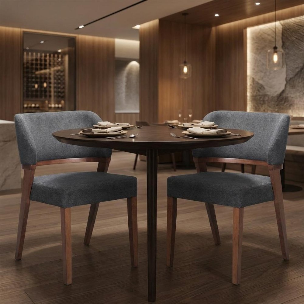Set of Two Gray And Walnut Upholstery And Solid Wood Partially Open Back Dining Side Chairs