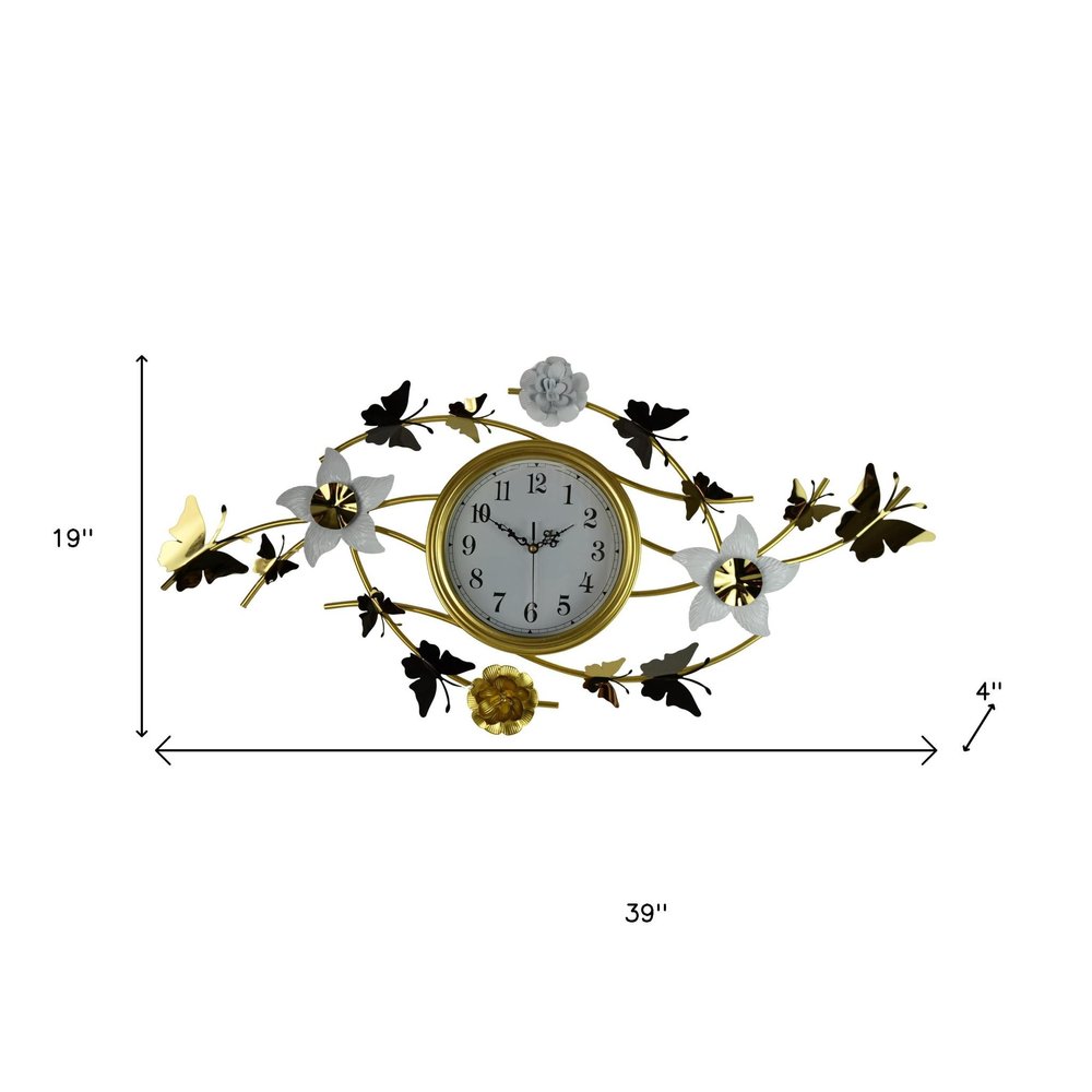 39" Gold And White Iron Silent Analog Butterfly Novelty Wall Clock