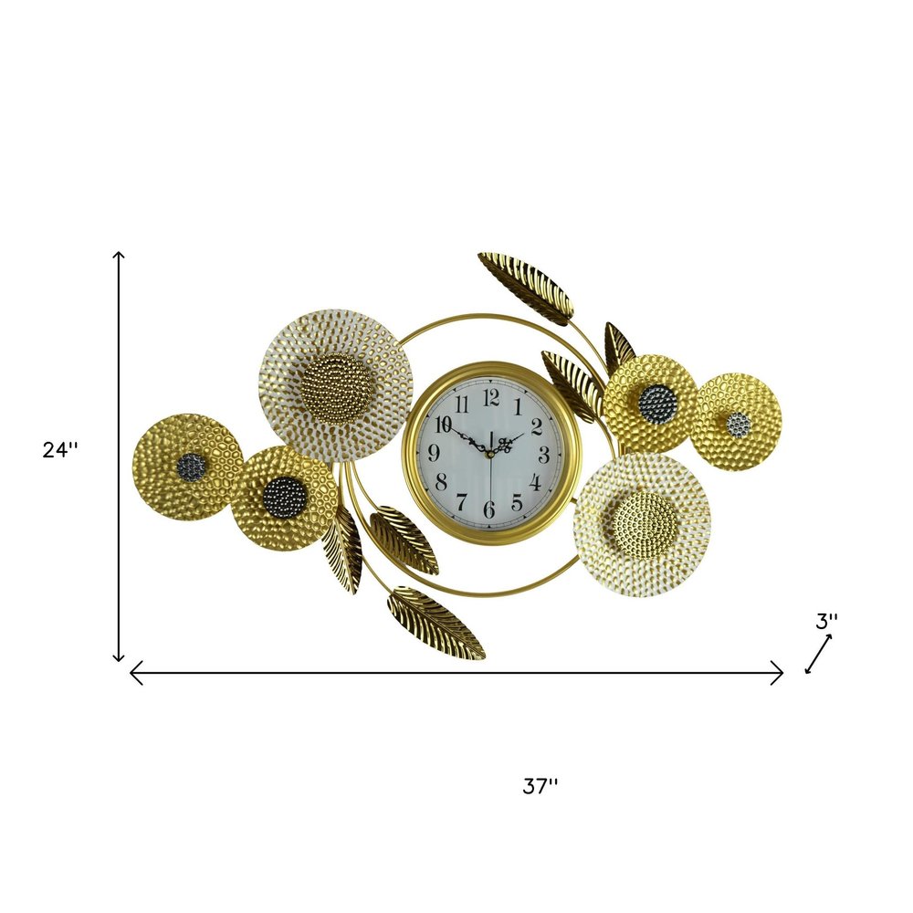 37" Gold Silver And White Iron Silent Analog Floral Novelty Wall Clock