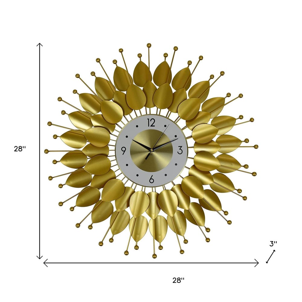 28" Gold And White Silent Analog Floral Sunburst Wall Clock