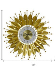 28" Gold And White Silent Analog Floral Sunburst Wall Clock