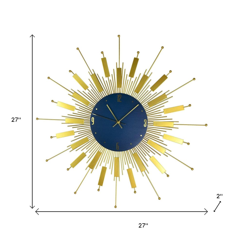 27" Gold And Blue Silent Analog Sunburst Wall Clock