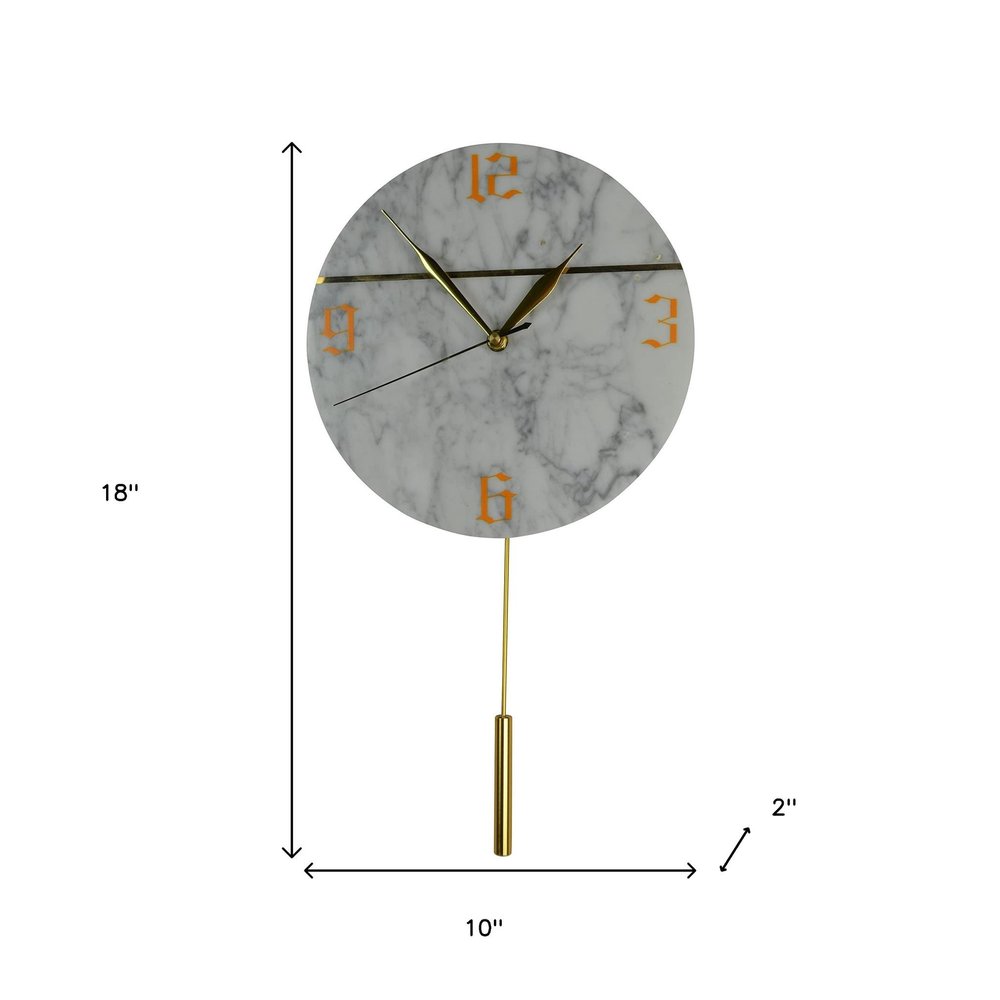 10" White And Gold Silent Pendulum Marble Round Wall Clock