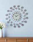27" Silver White And Black Metal and Glass Silent Analog Floral Round Wall Clock
