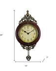 15" Brown And Gold Resin Silent Pendulum Ornate Oval Wall Clock