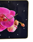 24" Pink Black And Gold Solid Wood and Acrylic Silent Orchids Floral Wall Clock