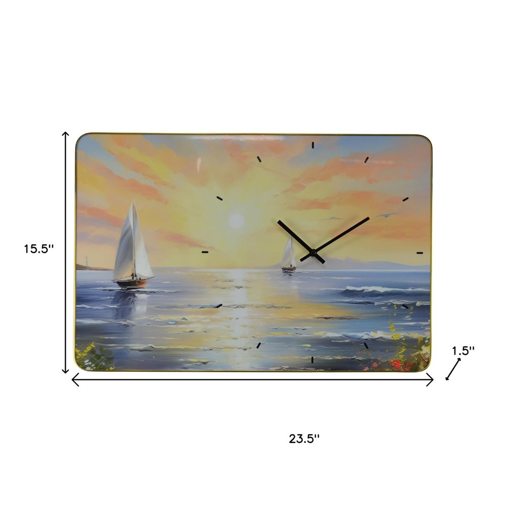 24" Yellow Blue And Orange Solid Wood Silent Analog Wall Clock