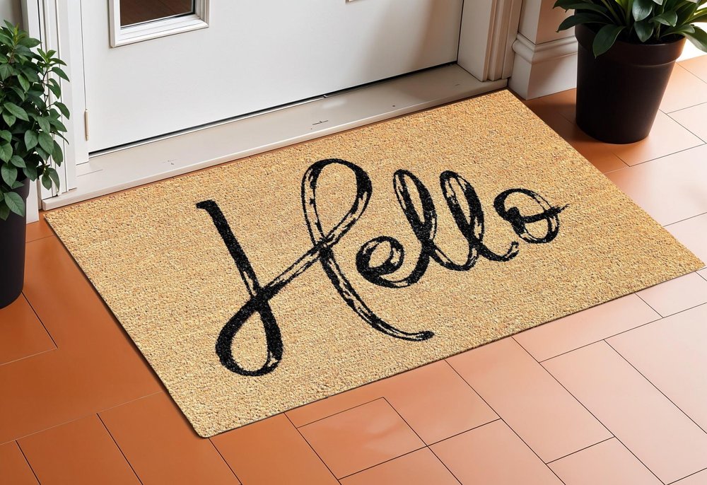 24" X 36" Natural And Black Hello Distressed Outdoor Coir Door Mat