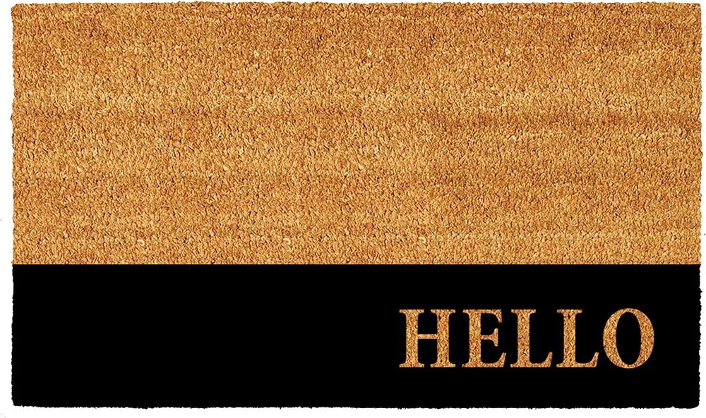 24" X 36" Natural And Black Color Block Hello Outdoor Coir Door Mat