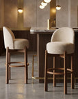Set of Two 30" Beige And Walnut Fabric And Wood Backless Bar Height Bar Chairs