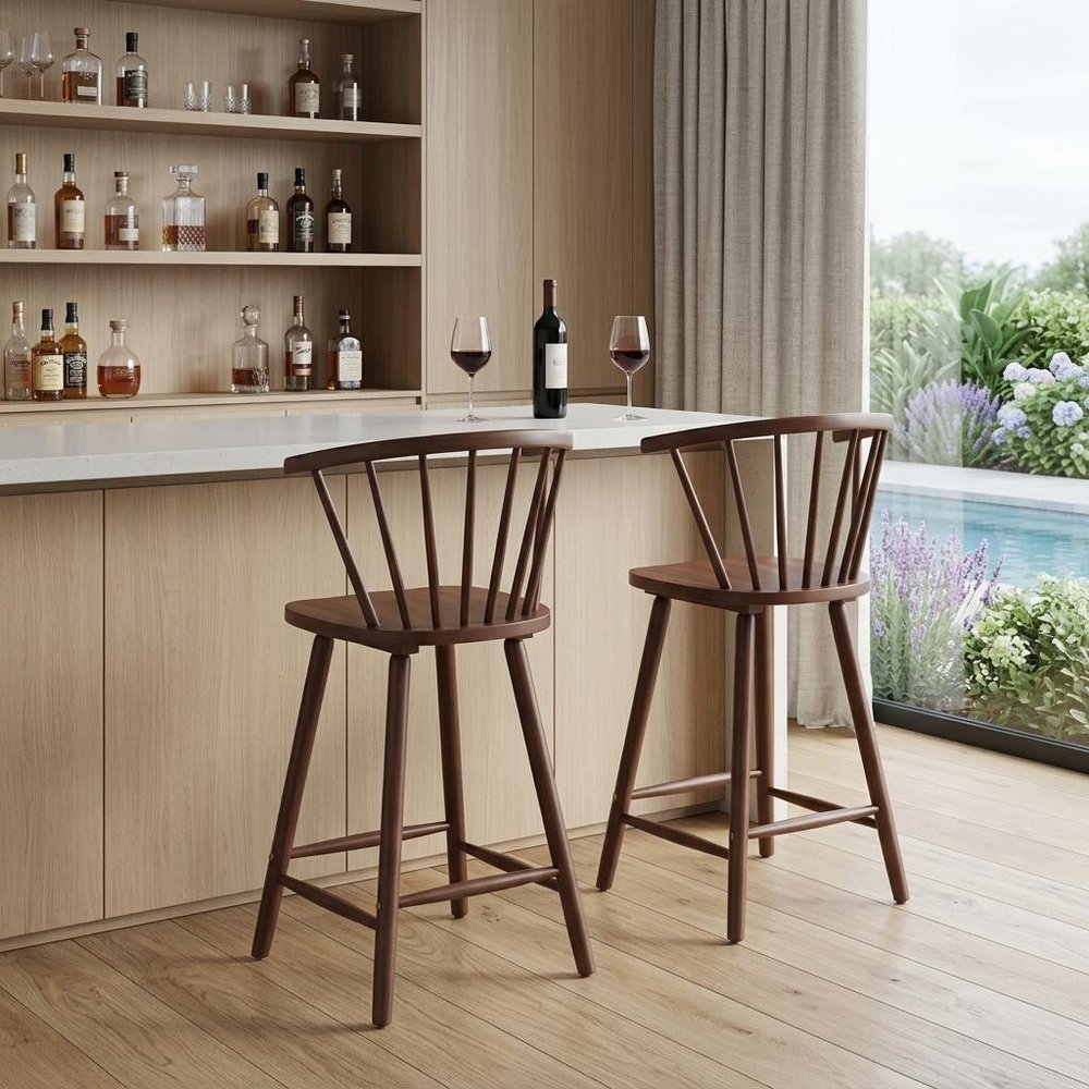 Set of Two 26" Walnut Solid Wood Counter Height Bar Chairs