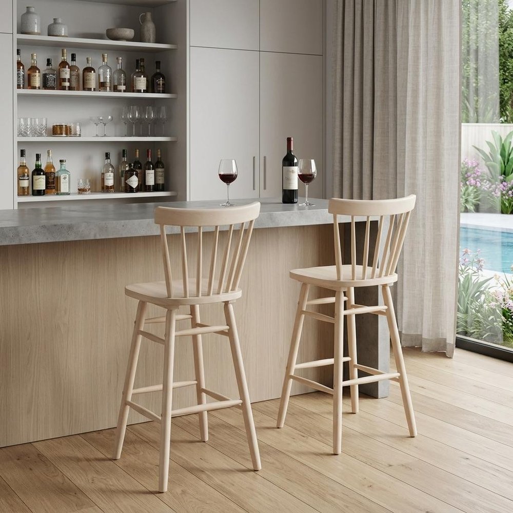 Set of Two 30" Natural Solid Wood Bar Height Bar Chairs