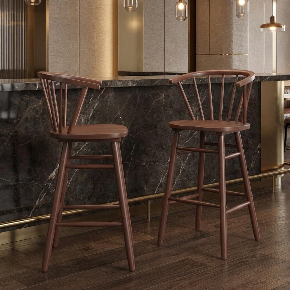 Set of Two 26" Walnut Solid Wood Counter Height Bar Chairs