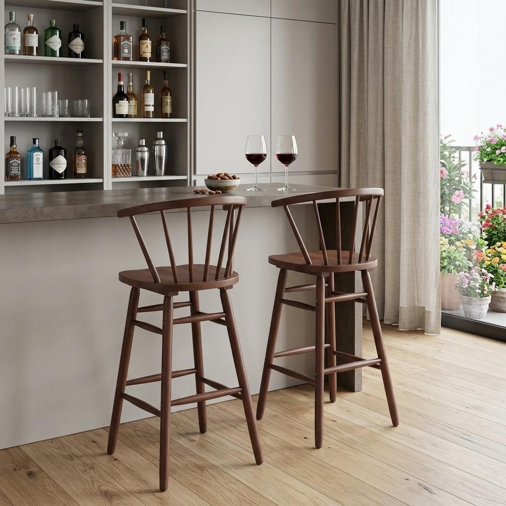 Set of Two 26" Walnut Solid Wood Counter Height Bar Chairs