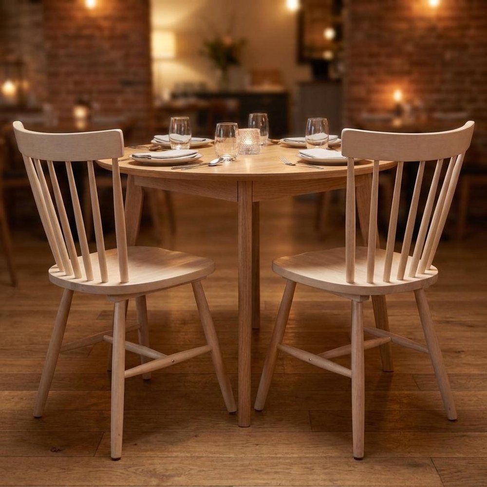 Set of Two Natural Solid Wood Windsor Back Dining Side Chairs