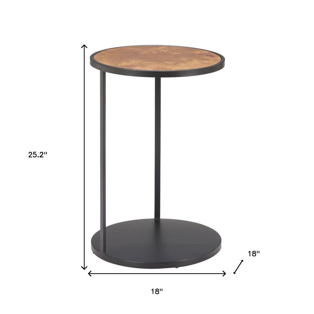 25" Brown and Black Wood and Iron Round Pedestal End Table