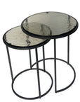 Set of Two Clear and Gunmetal Glass and Iron Round Frame Nested Tables