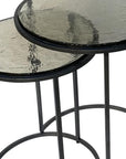 Set of Two Clear and Gunmetal Glass and Iron Round Frame Nested Tables