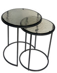 Set of Two Clear and Gunmetal Glass and Iron Round Frame Nested Tables