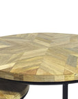 Set of Three Natural Natural and Black Solid Wood and Iron Round Frame Nested Tables