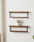 36" Set Of Two Black And Brown Wood And Metal Two Level Accent Shelf