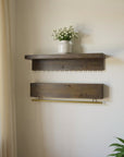 Set Of Two Brown Wood Wall Mounted Accent Shelves With Hooks