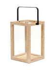 16" Clear And Natural Glass And Solid Wood Tabletop Lantern Candle Holder