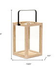 16" Clear And Natural Glass And Solid Wood Tabletop Lantern Candle Holder