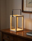 16" Clear And Natural Glass And Solid Wood Tabletop Lantern Candle Holder