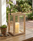 13" Natural Distressed Geometric Solid Wood Tabletop Lantern Candle Holder