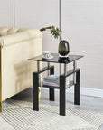 Black Glass and Metal Square End Tables With Shelf
