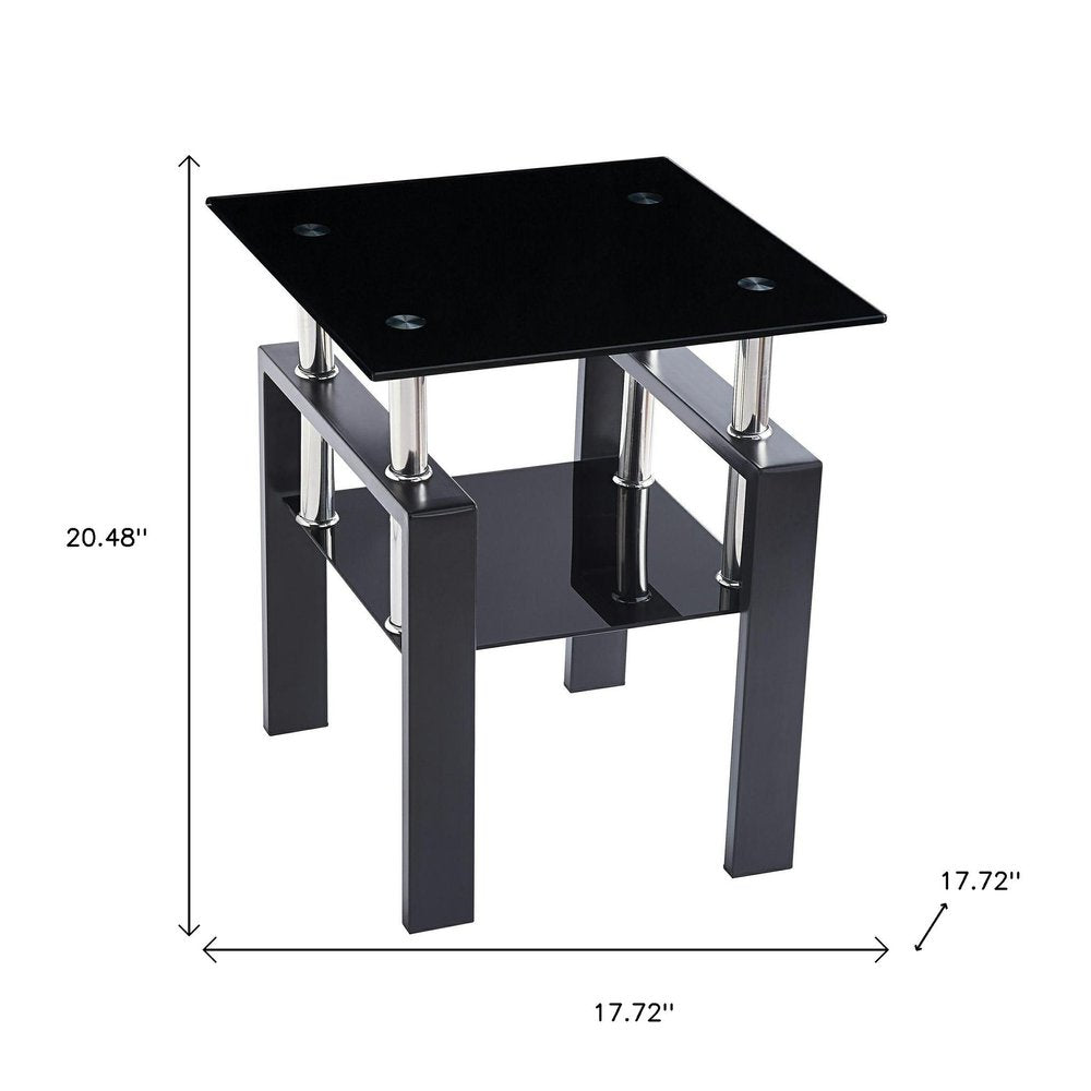 Set of Two Black Glass and Steel Square End Tables With Shelf