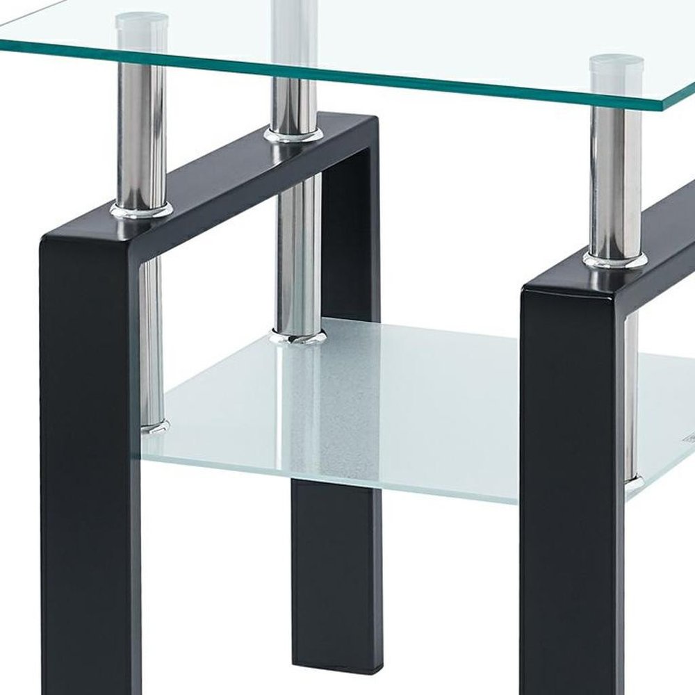 Set of Two Black Glass and Steel Square End Tables With Shelf